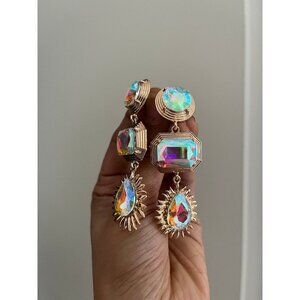 Long Aurora borealis earrings iridescent rainbow big gold clear rhinestone